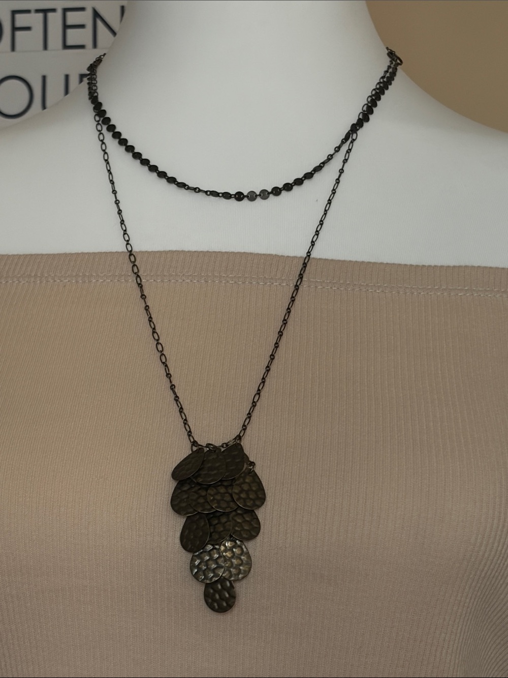 Two-Tier Black Chain Necklace with Antique Gold Leaf Pendant - Women Jewelry
